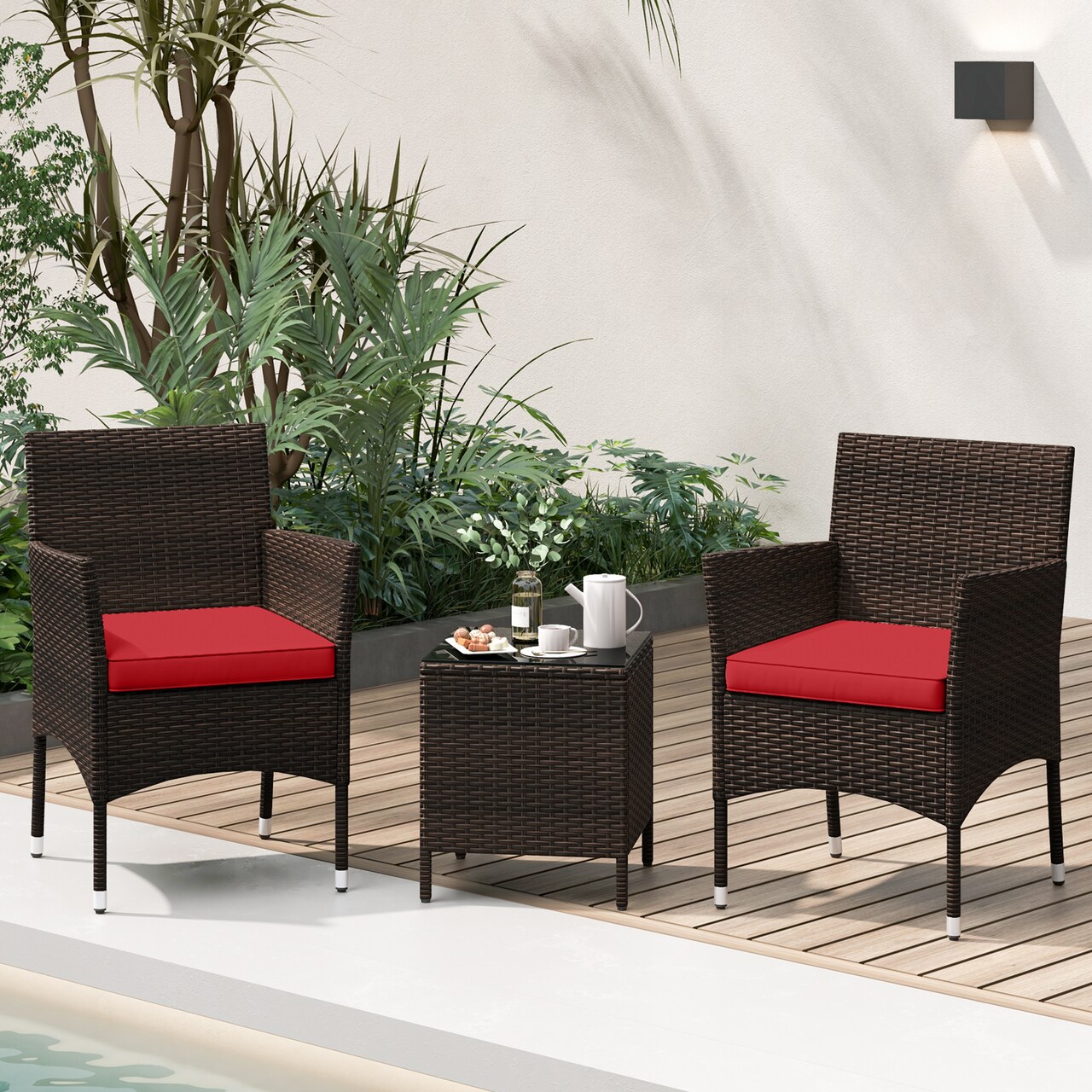 Rattan 3 Piece Outdoor Conversation Set with Cushioned Seats and Glass Table